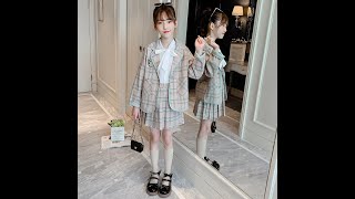 【110-160】学院風 日系 スーツ リボン チェック柄 プリーツスカート 2点 3点 女の子 セットアップ