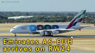 Emirates (A6-EUH) [Proud Partner of Grand Slam Tennis] arrives on RW24 at Perth Airport.
