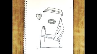 how to draw a hand holding coffee with lipstic mark