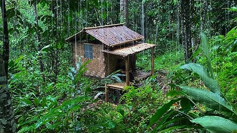 Solo camping bushcraft,bermalam di cabin bambu panggung yg nyaman,memasak belut bambu bakar-ASMR