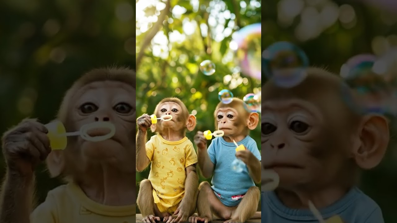Two Cute Baby Monkeys Blowing Bubbles and Laughing Together 🐒💭 Cutest Moment Ever! 