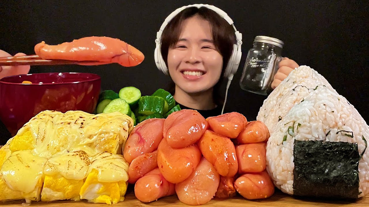 АСМР японский завтрак с множеством ментайко‼️【субтитры/мукбанг/звуки еды】