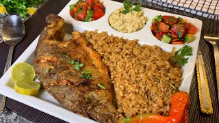 وجبة غداء كاملة😋السمك البلطي المقلي مع الرز الصيادية وبابا غنوج وسلطة خضراء