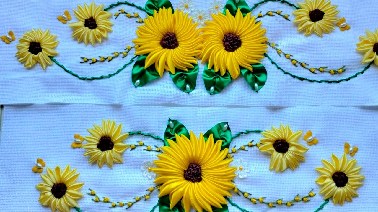 Girassol 🌻 de fitas de cetim pra aplicar em toalhas modelo 545