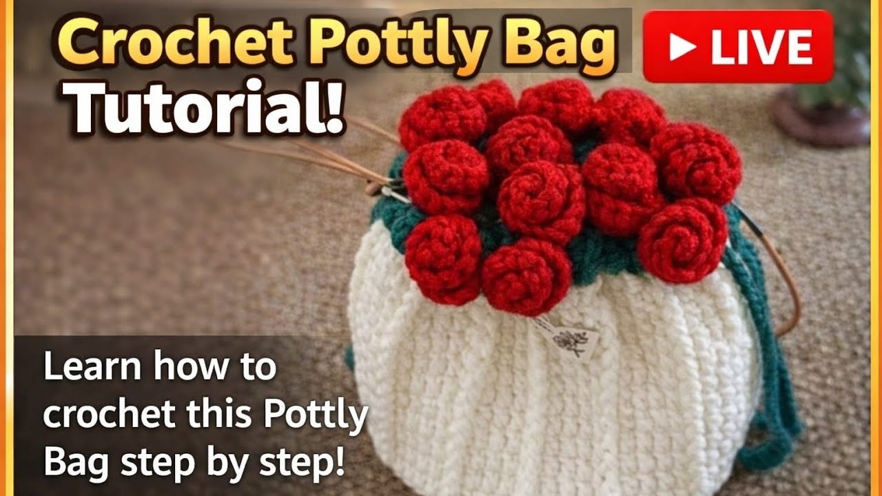 Crochet Rose Pottly Bag 🌹 | Beautiful Flower Pot Style Drawstring Bag | LIVE Tutorial