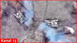 Russian tank trying to shoot Ukrainian soldiers targeted by drone