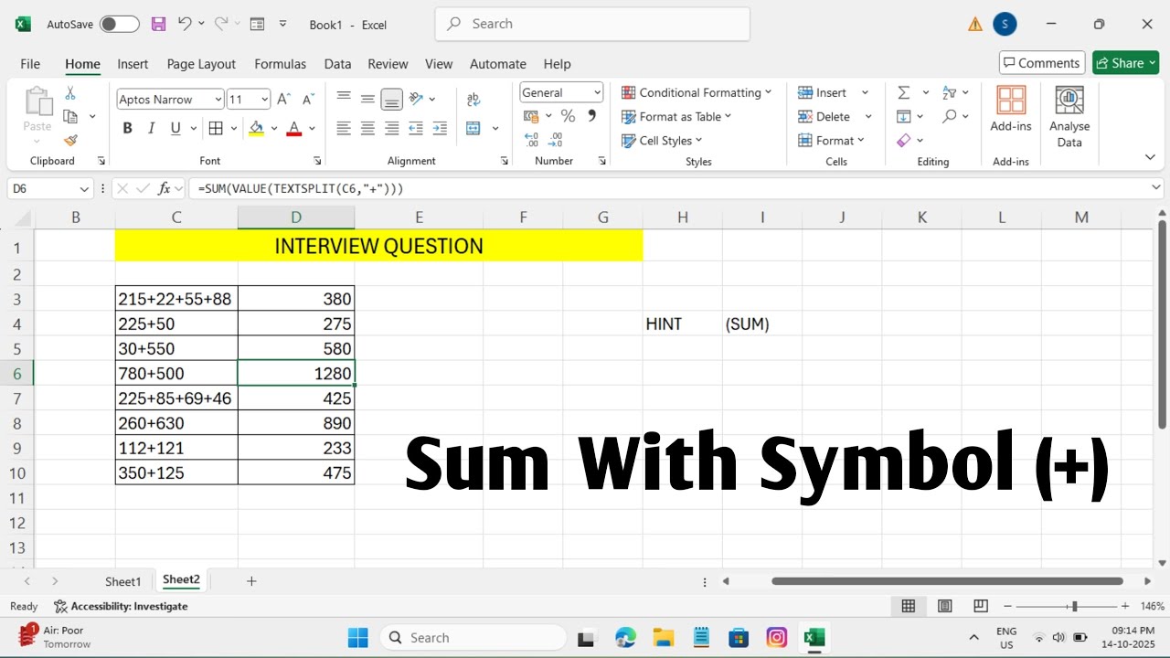Excel Interview Question | Sum with Sign + | Sum in Advance Excel ...