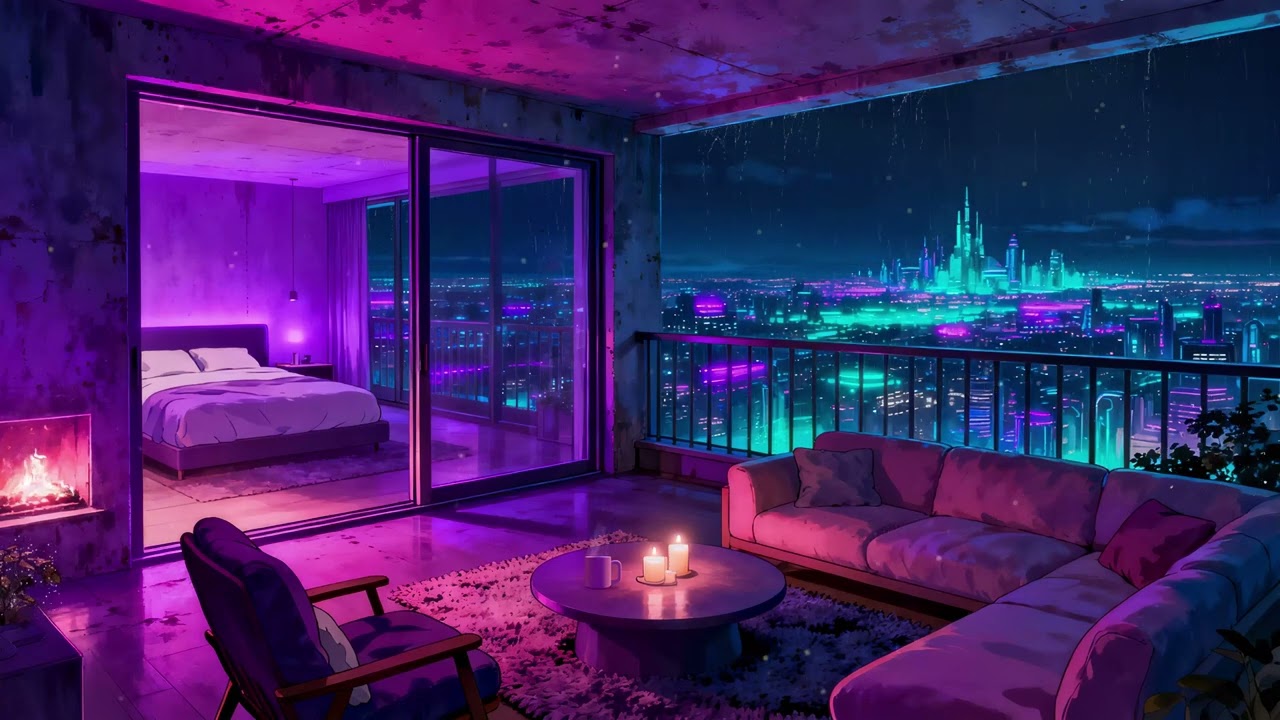Late Night Balcony 🌃🌧️ Lofi Rain & Cozy Neon Balcony Ambience | 4K