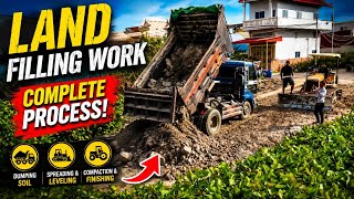 Land Filling Work in Progress | Dump Truck Unloading Soil & Bulldozer Leveling | Full Process