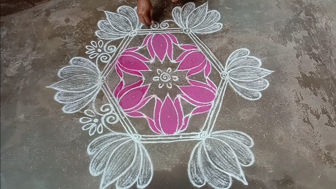 Purattasi matha big rangoli design/Festival rangoli/White lotus rangoli /Lotus muggulu /Latha kolam