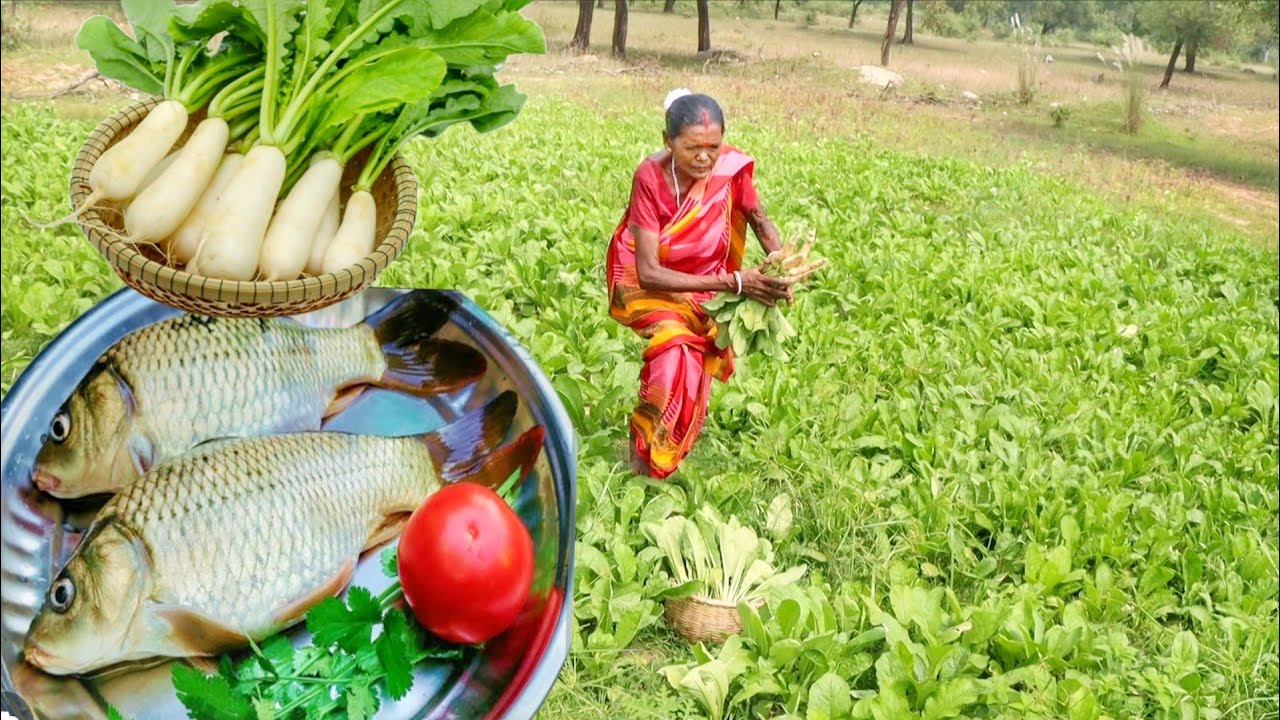 Grandma Santali Gathers Muli Shak and Prepares Mooli Shak Vaji with Golden Fish Curry for Lunch