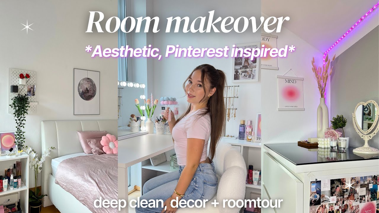 AESTHETIC ROOM MAKEOVER pinterest inspired 🎀 Vanity Setup - deep clean - decor - roomtour