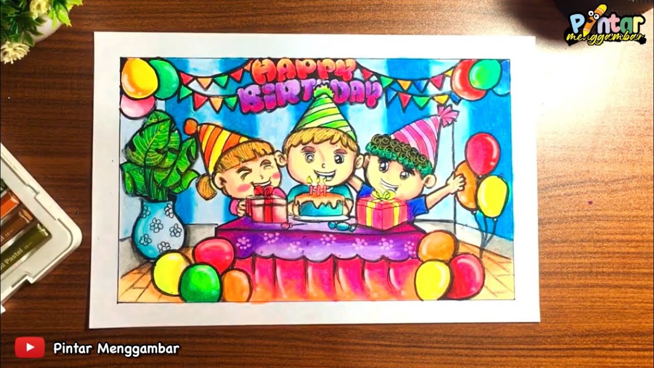 cara menggambar dengan crayon tema ulang tahun #gradasi #gradasicrayon #ulangtahun #tutorial