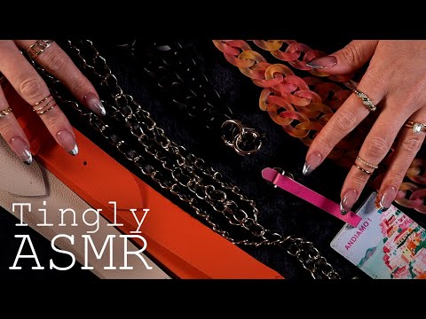 ASMR Bag straps, chains and tags (🎧 soft spoken, tapping, scratching)