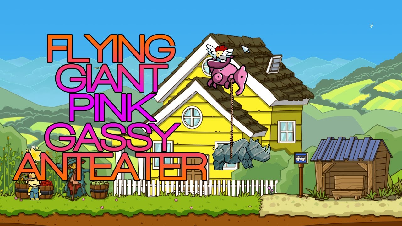 Flying Giant Pink Gassy Anteater Airlifting A Silver Rhino - MasterCuddles Plays - Scribblenauts UN