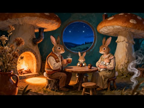 A Rabbit Family's Cozy Mushroom Cottage Night | Soft Storybook Folk & Warm Fireside Music