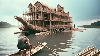 Young Man Built Bamboo House On Water Alone, Which Already Has Two Floors#houseboat