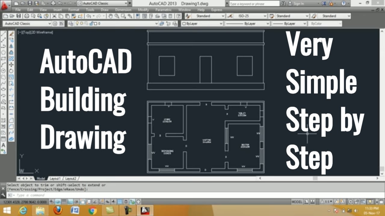 AutoCAD Tutorial to draw a simple floor plan BUILDING 