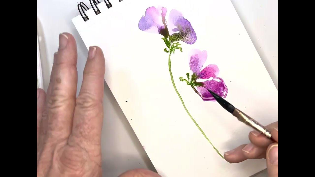 Easy little watercolor sweet peas, using a Dagger brush and a round