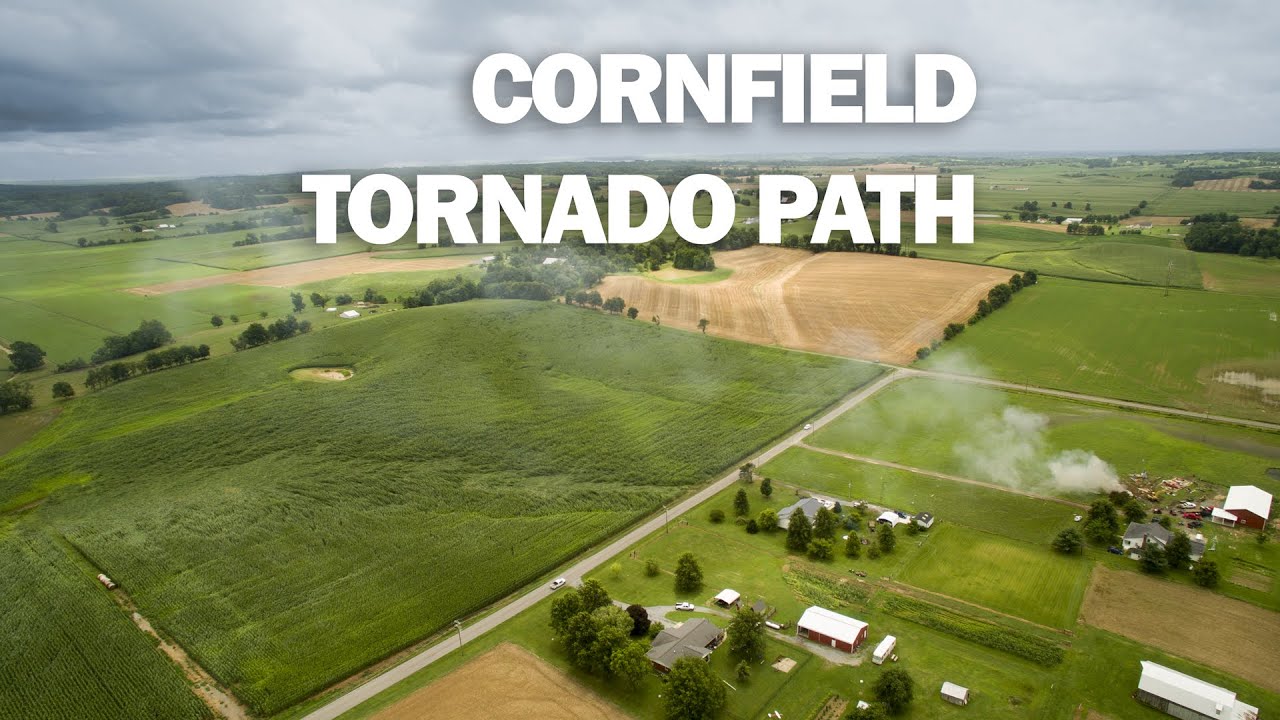 Cornfield Tornado Damage Path East of Kelso MO Aerial (drone) view