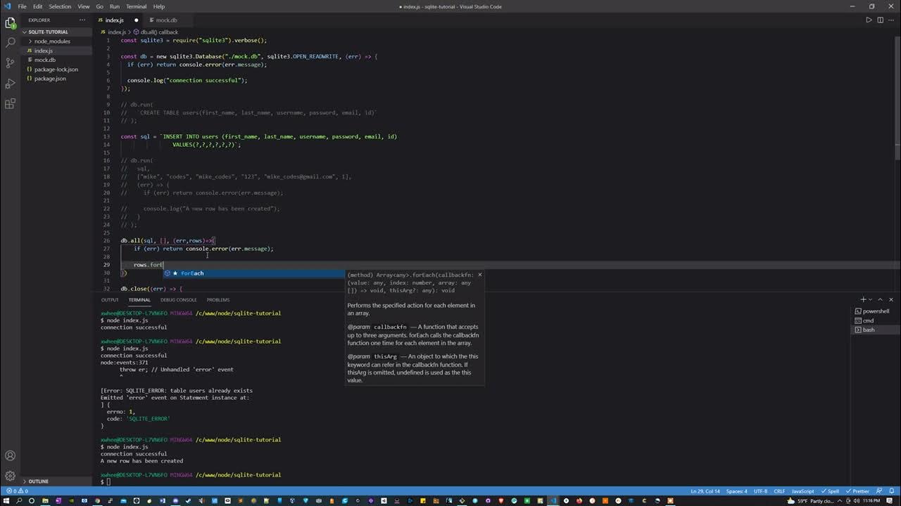 Node JS Sqlite tutorial - How to create a database, table, and insert ...