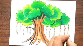 How To Draw Banyan Tree Easy Step By Step Banyan Tree Drawing With Water Color Tree Drawing