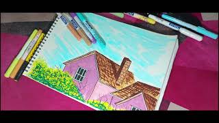 Easy landscape painting | Easy scenery drawing | House drawing for kids