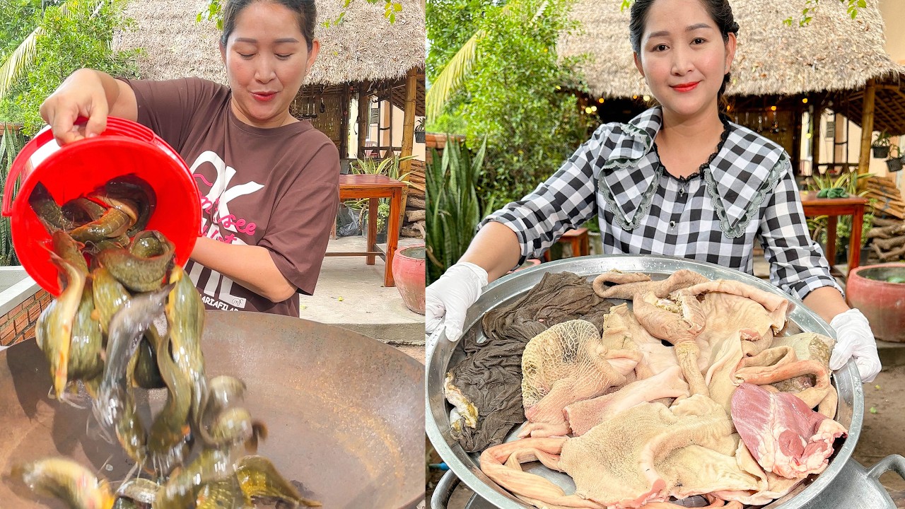 Catfish, Ocean Crab, Beef Tripes cooked in countryside by Mommy chef Sros | Amazing Cooking Skill