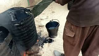 Manual Asphalt Roofing Application Hot Tar Bucket, Sand, Fire