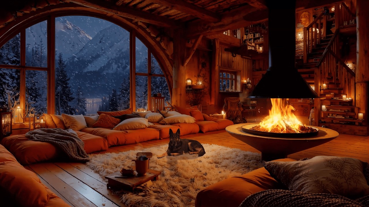 Cozy Winter Cabin Ambience on Snowy Night ❄️ Blizzard & Crackling Fireplace for Sleep, Relax