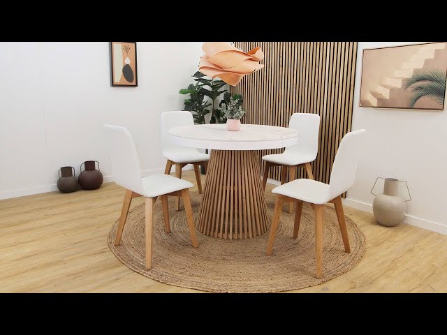 Mesa redonda extensible hasta 3 metros para 12 - 14 personas de estilo  nórdico en blanco y madera 