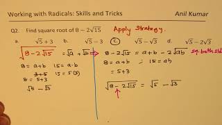 Strategy And Trick To Find Square Root Of 8 2 15 Radical Expressions Youtube