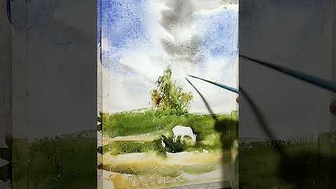 #Shorts 🌳☁How to paint a watercolor landscape 🐄with clouds in procreate /  #YouTubeShorts