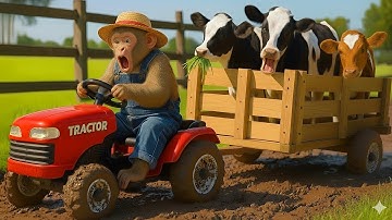 Lost Cow, Monkey Farmer Finds and Transports Cows with Tractor - Monkey Farm Work