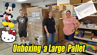 Unboxing a very large Pallet  it Takes 3 of Us! Mickey, Hello Kitty, Metal Tins & More!