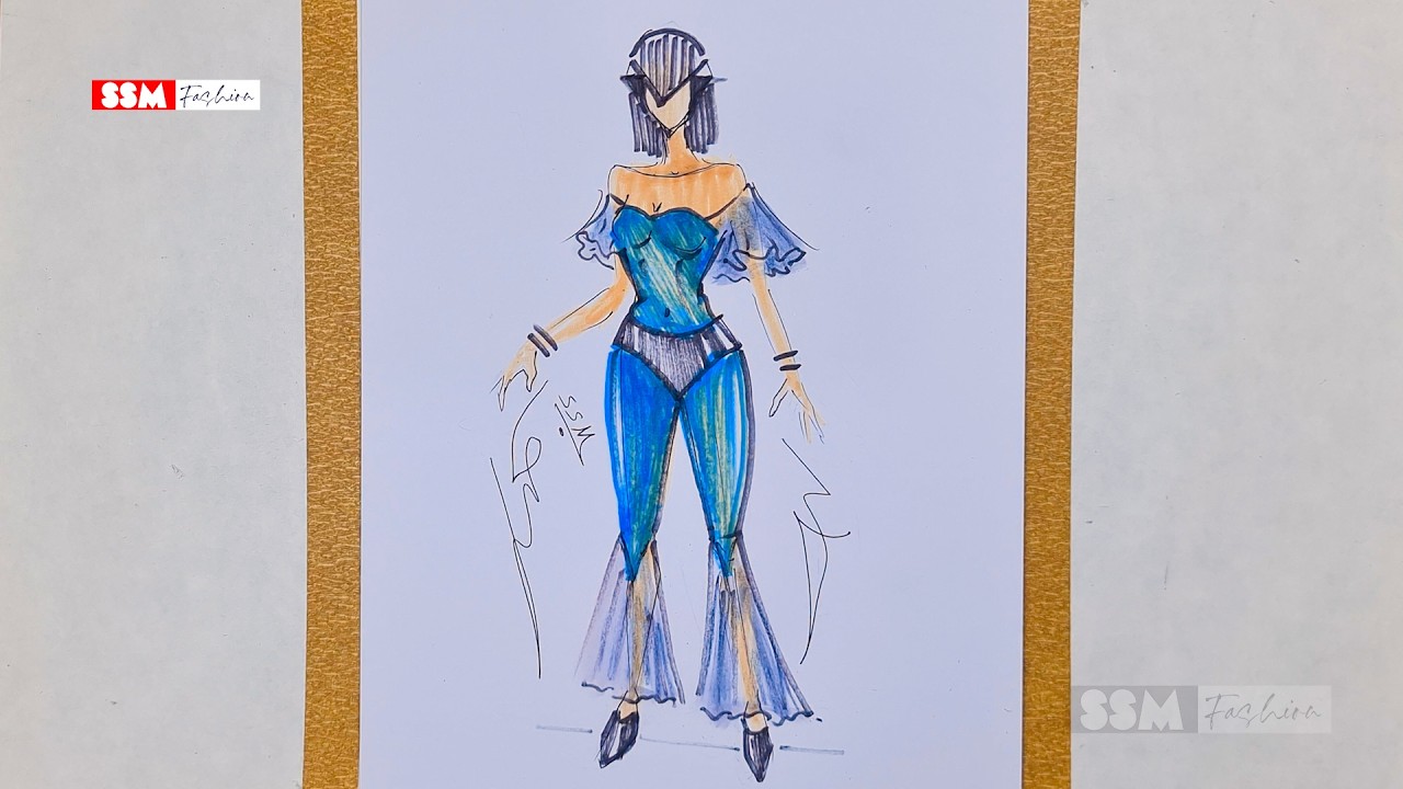 2026 Blue & Turquoise Corset Runway Sketch | SSM Fashion’s Modern Elegance for USA & Europe