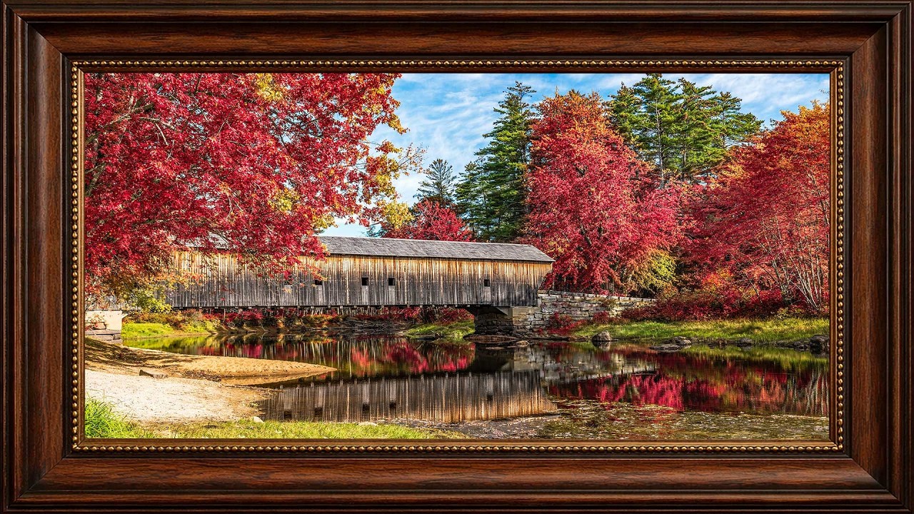 New England Covered Bridge in Peak Fall Color | 4K Autumn Framed Wall Art for TV