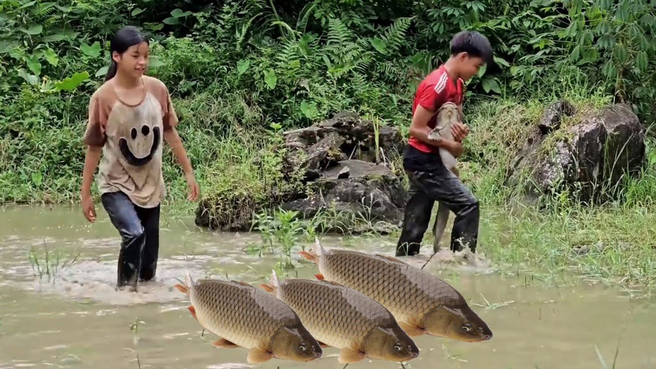 homeless boy and a poor girl go together to abandoned fields to catch carp to sell.