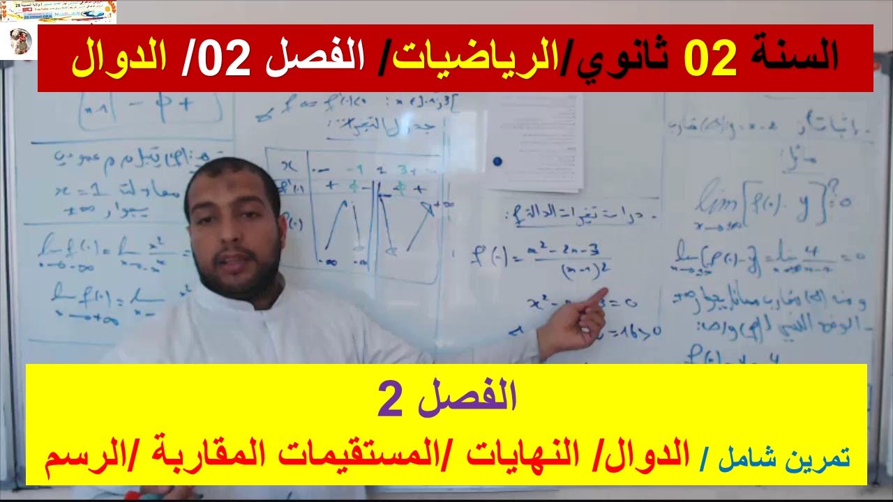 السنة 02 ثانوي الرياضيات الفصل 02 تمرين شامل الدوال النهايات المستقيم المقارب والرسم شرح رائع