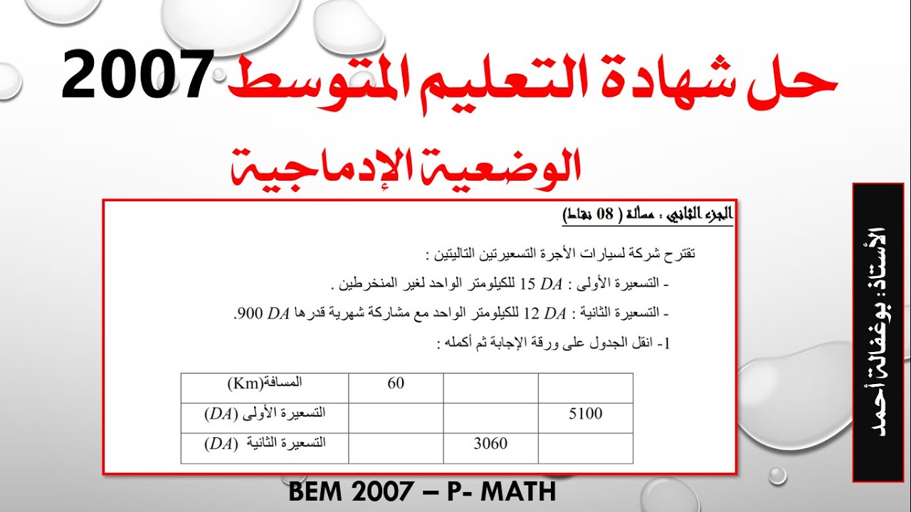 حل شهادة التعليم المتوسط 2007  - الوضعية الادماجية - الدوال