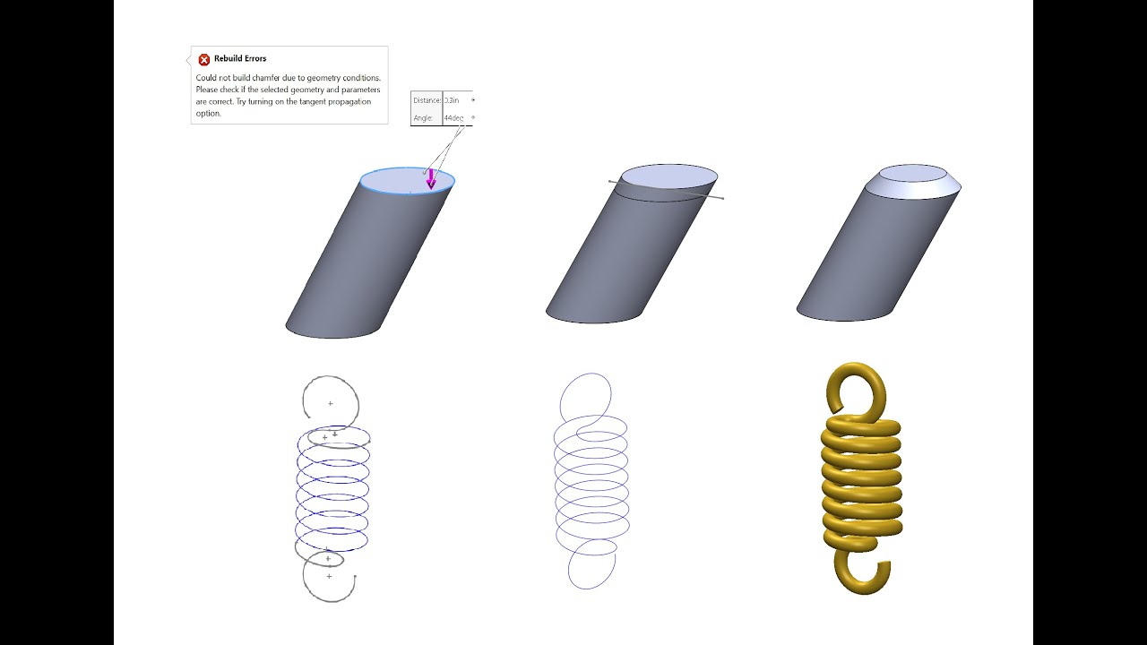 Split Line For Impossible Chamfer, Composite Curve for Tension Springs