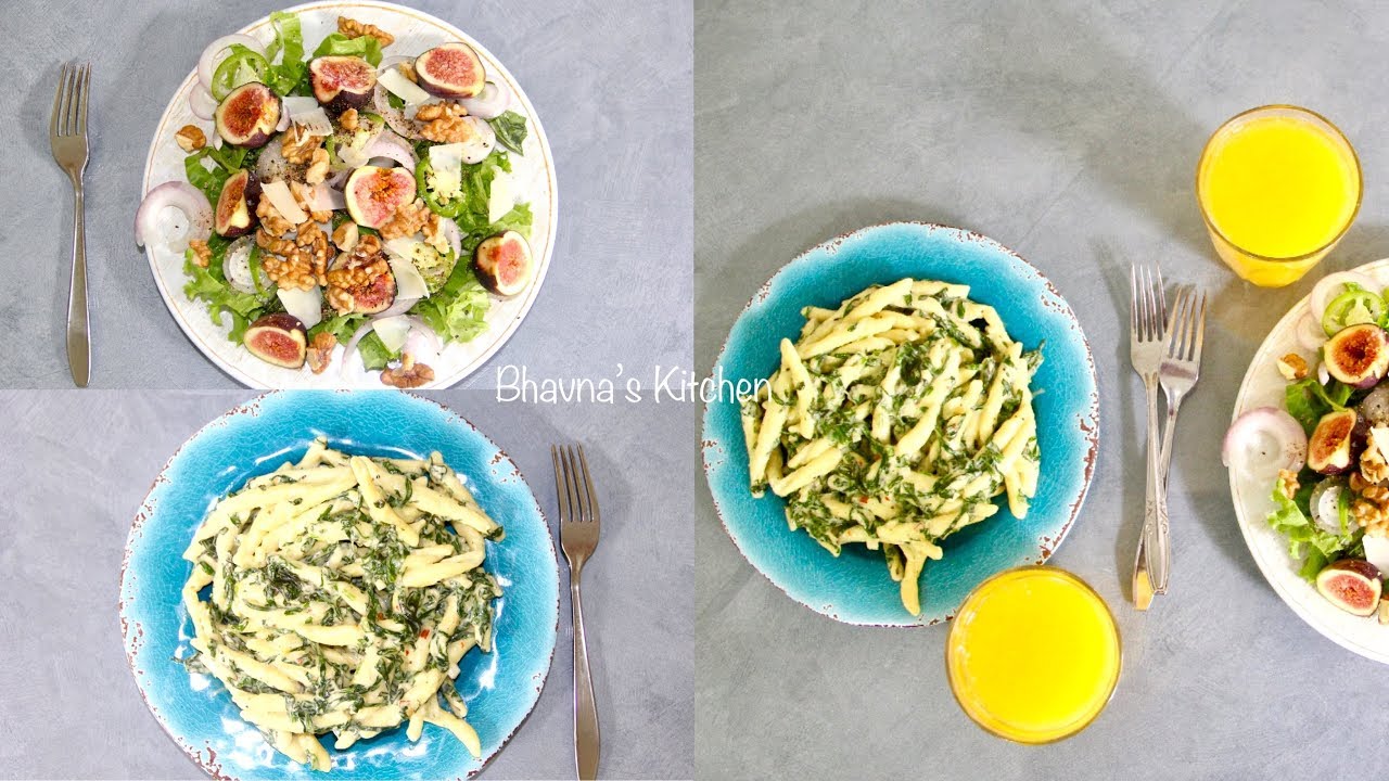 Summer Fig Walnut Salad with Creamy Spinach Alfredo Pasta Video Recipe | Bhavna