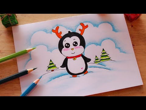 วาดรูปนกแพนกวิน น่ารักๆ วันคริสต์มาส|How to draw a cute Penguin for Christmas easy/drawing Christmas