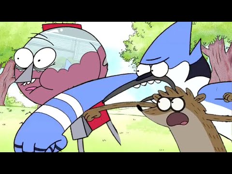 Mordecai and Rigby punch Benson