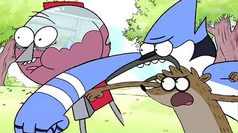 Mordecai and Rigby punch Benson