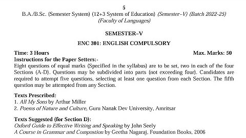 BA / BSc 5th Semester English Compulsory Syllabus 2024 GNDU University | Ba 5th Semester Syllabus