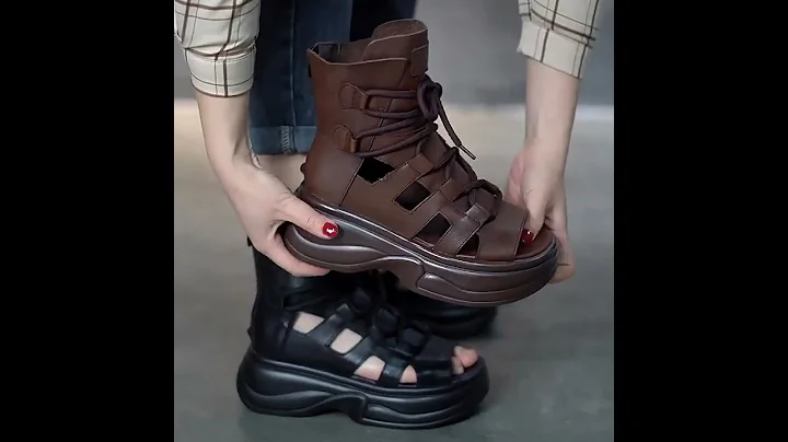 『皮皮創』原創設計手工真皮鏤空羅馬鞋。復古綁帶頭層牛皮涼鞋厚底高幫百搭休閑真皮露趾涼鞋