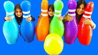 Learn Colors For Toddlers - Kids Playing Jumbo Bowling Set Giant Inflatable Toys