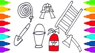 How to Draw Kit of Firefighter for Kids | Coloring: Ladder, Axe, Fire Extinguisher, Shovel, Helmet