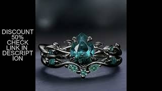 Luxury Black Color Inlaid with Green Stone Rings Set Round Flower Fashion Party Engagement Wedding R